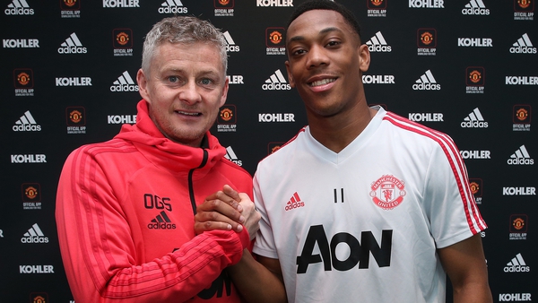 Anthony Martial (R) with Manchester United boss Ole Gunnar Solksjaer