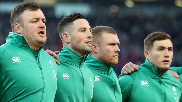 Dave Kilcoyne (L) with John Cooney, Keith Earls and Jordan Larmour before the England clash