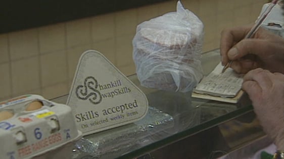 Shankill Swap Skills cheque being written in butchers shop (1994)