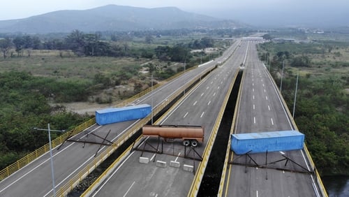 Aerial view of the Tienditas Bridge on the Colombia border blocked with containers ahead of an anticipated aid shipment