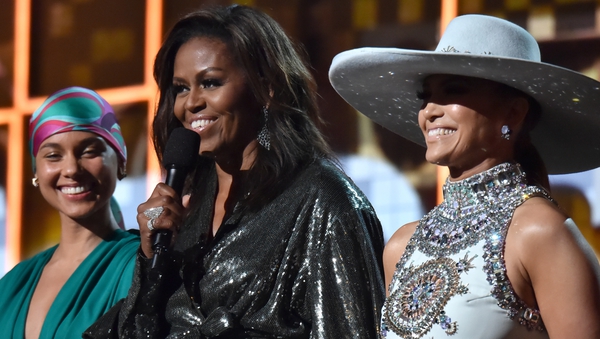 L-R: Alicia Keys, Michelle Obama and Jennifer Lopez at the 2019 Grammy Awards