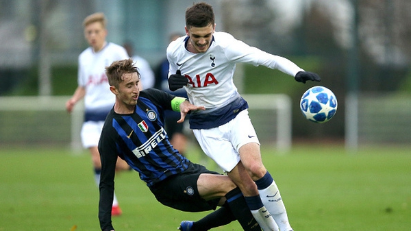Ryan Nolan tackles Spurs forward and fellow Republic of Ireland youth international Troy Parrott during a UEFA Youth League match between Tottenham and Inter last November