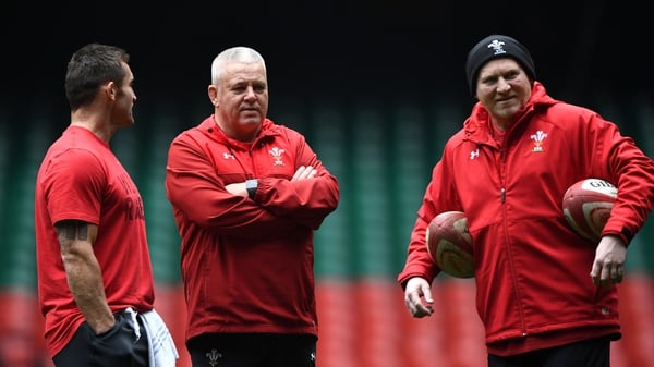 Warren Gatland (centre) alongside Huw Bennett and Neil Jenkins at a Wales training session at the Principality Stadium