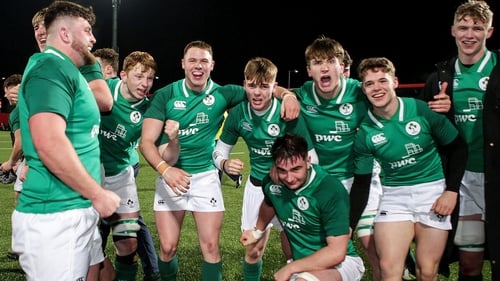 Ireland celebrating their recent Six Nations defeat of England at Musgrave Park