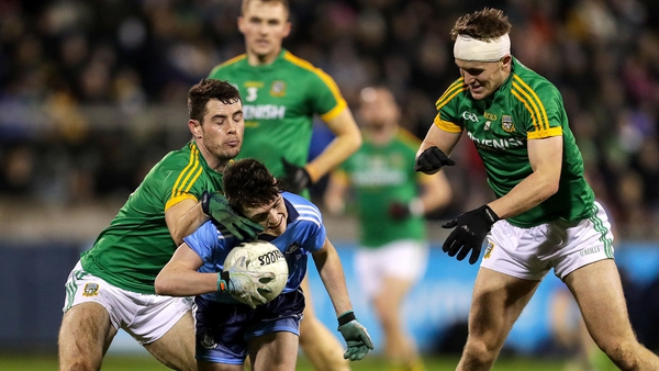 Dublin's Stephen Smith is tackled by Donal Keogan and Ronan Ryan of Meath during their O'Byrne Cup clash in January