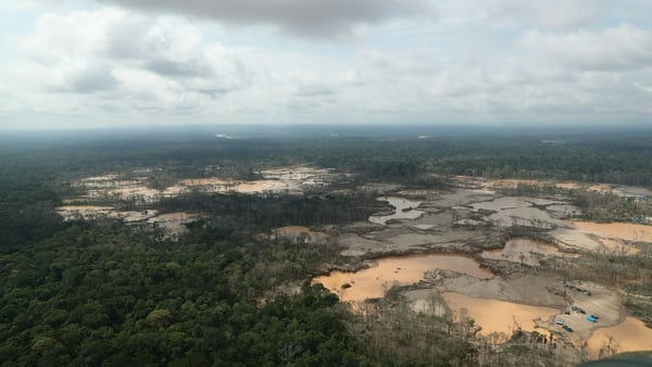 Aerial view shows a deforested area of the Peruvian Amazon rainforest caused by illegal mining
