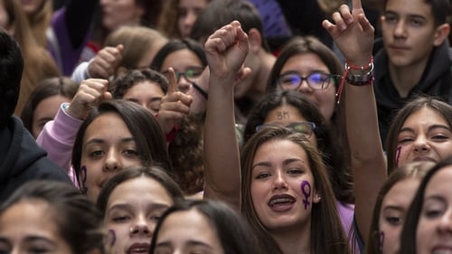 Students take part in a protest to mark 2019 International Women's Day in Madrid