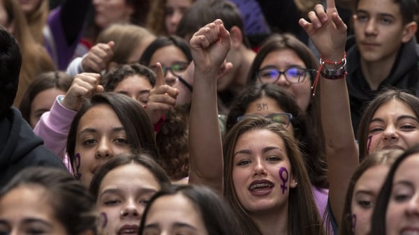 Students take part in a protest to mark International Women's Day in Madrid, Spain