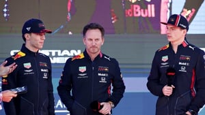 Max Verstappen, Pierre Gasly and Red Bull Racing Team Principal Christian Horner