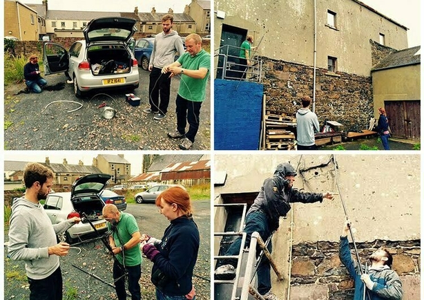 Clockwise from top left: (i) Róisín Kearney trainee bird ringer RSPB, Philip Carson, conservation advisor with RSPB and Kendrew Colhoun, senior conservation scientist RSPB; (ii) swift nest site, Northern Ireland; (iii) Preparing swift cage trap for catching swift as it leaves its nest site; (iv) Fixing make shift net in place against the wall covering the entrance to the nest