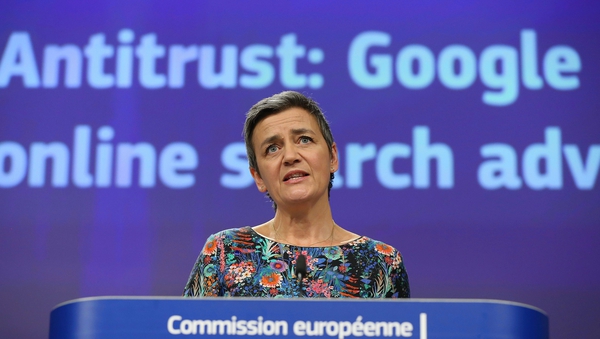 European Competition Commissioner Margrethe Vestager said Google was fined for illegal misuse of its dominant position in the market for the brokering of online search adverts