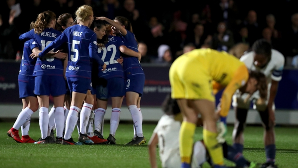 Chelsea players celebrate their second goal against PSG