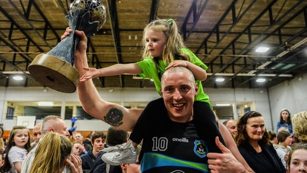 Kieran Donaghy celebrates Garvey's Tralee Warriors' league success last season with his daughter Lola
