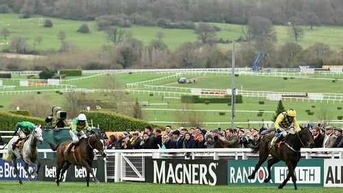 Bristol De Mai (l) runs behind Annibale Fly and Al Boum Photo in the 2019 Gold Cup