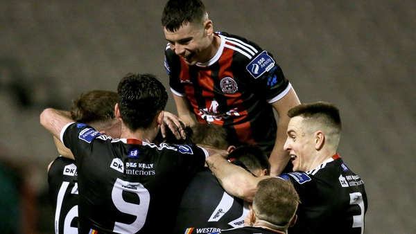 Bohemians players celebrate with goalscorer Keith Buckley
