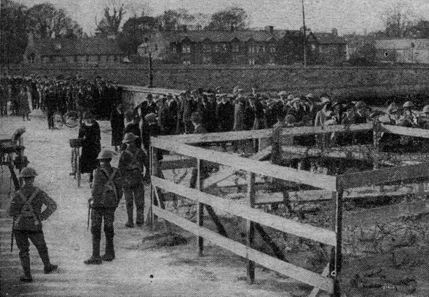 Sentries on Sarsfield Bridge, Limerick - when the strikers returned from the hurling match in Caherdavin they found that the military presence had strengthened and that no permits meant no going home. Photo: Daily Sketch, 24 April 1919 via Bureau of Military History