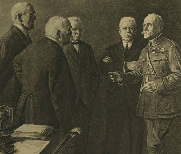 The 'Big Four', (left to right) Wilson, Clemenceau, Lloyd George and Orlando, standing with Marshal Foch (far right) Photo: Illustrated London News, 12 April 1919