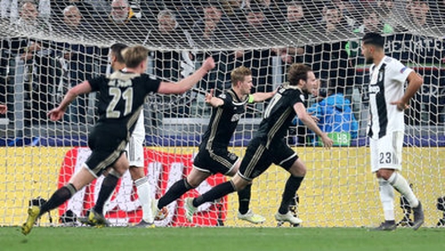 Ajax's Matthijs de Ligt (centre) celebrates scoring his side's second goal of the game