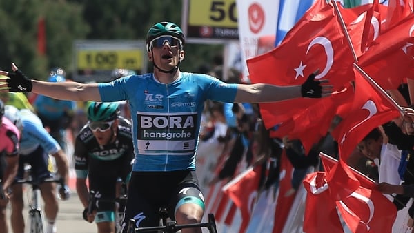 Sam Bennett, riding for the Bora-Hansgrohe team, finishes first in the second stage of the Tour of Turkey