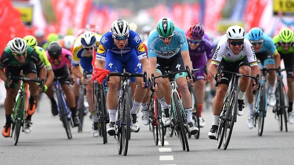 Sam Bennett, pictured here in the light blue leader's jersey, getting pipped on the line in Turkey