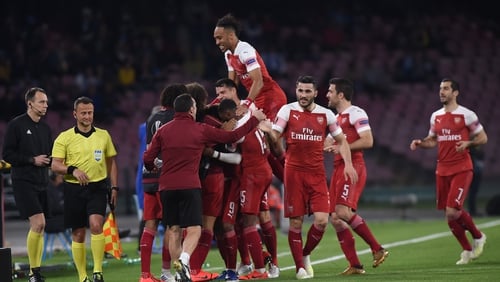 Arsenal players celebrate Lacazette's goal