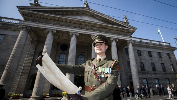 Defence forces Captain Paul Conlon read the proclamation in front of the GPO
