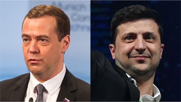 Dmitry Medvedev (L) said Russia had a chance at improving ties with Ukraine with Volodymyr Zelensky (R) as leader