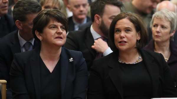 DUP leader Arlene Foster and Sinn Féin President Mary Lou McDonald at the funeral of murdered journalist Lyra McKee