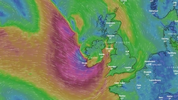 A wind map shows the storm hitting the west and south at 8pm (Pic: Windy.com)