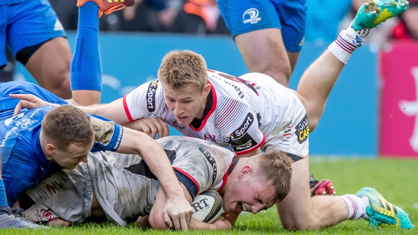 Replacement Marcus Rea crosses for Ulster's second try against Leinster at Kingspan Stadium