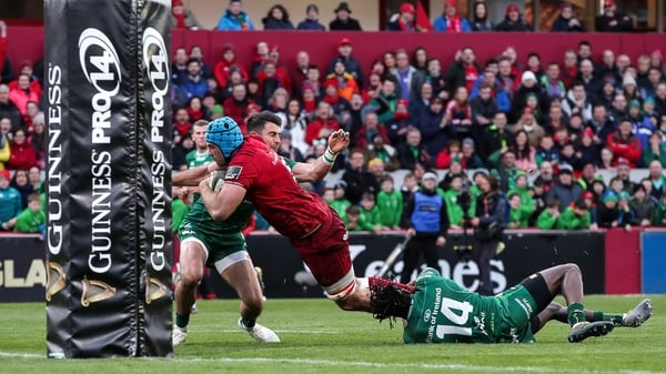 Tadhg Beirne powers over for Munster's opening try in Thomond Park