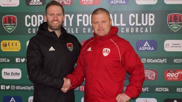 Cork City's interim manager John Cotter (R) and club chairman Declan Carey