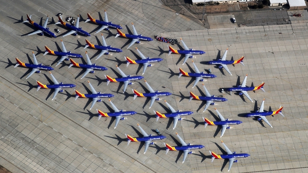 A number of Southwest Airlines Boeing 737 MAX aircraft grounded at Southern California Logistics Airport. Photo: Mario Tama/Getty Images