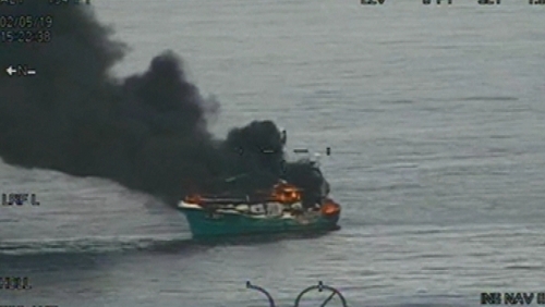 The Suzanne 2 caught fire about 29 miles east of Arklow (Pic/video: Irish Coast Guard)