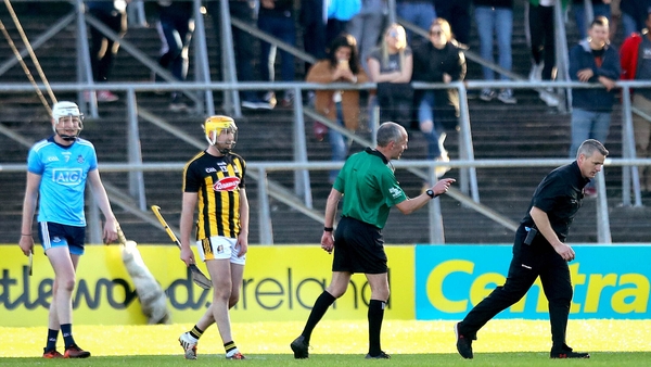 Dublin selector Greg Kennedy leaves the pitch after a bizarre incident shortly before half-time