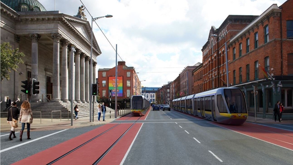 Artist's impression of Washington Street in Cork with Luas trams in operation