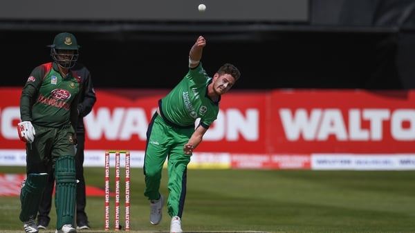 Mark Adair of Ireland bowls a delivery against Bangladesh