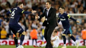 Richard Keogh embraces Derby County manager Frank Lampard at the full-time whistle