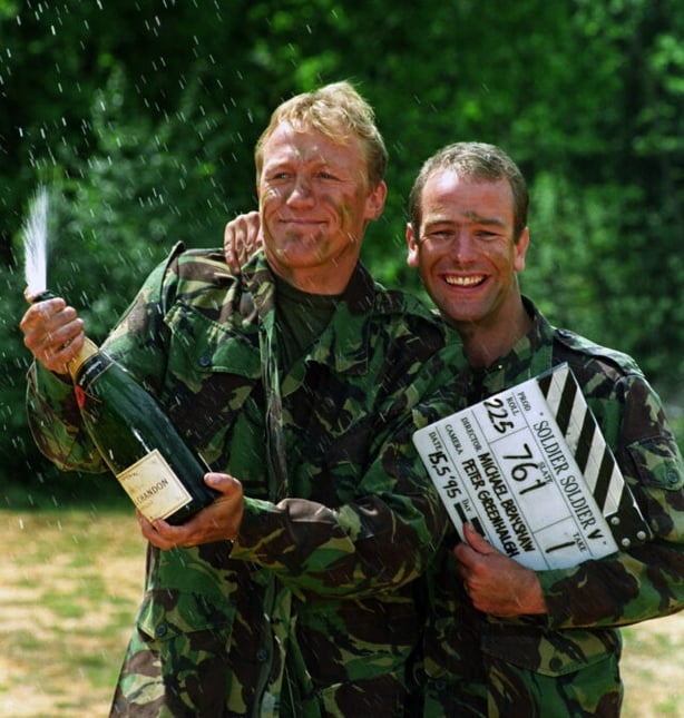 Jerome Flynn and Robson Green celebrating Unchained Melody hitting the top spot in 1995 (Tim Ockenden/PA)