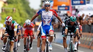 Team Groupama-FDJ rider France's Arnaud Demare (C) celebrates his stage win