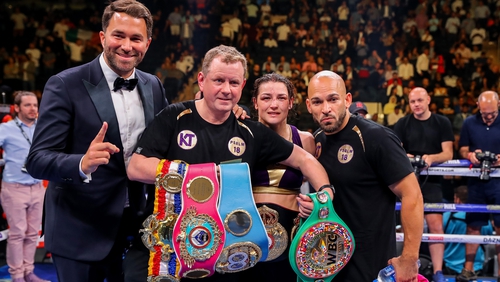 Katie Taylor with her promoter Eddie Hearn, manager Brian Peters and coach Ross Enamait