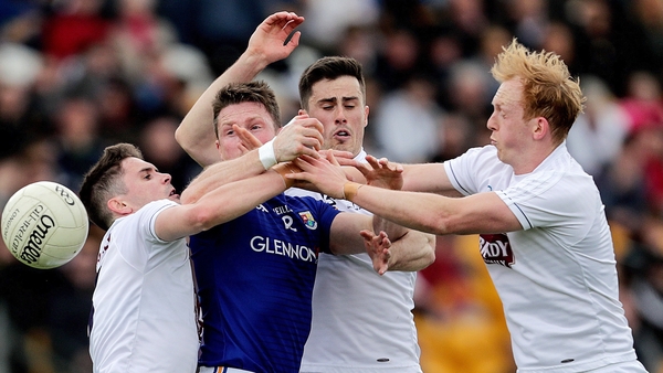 Longford's Michael Quinn is crowded out by David Hyland, Mick O'Grady and Keith Cribbin