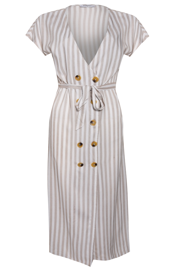 Glamorous White Brown Stripe Button Front Wrap Midi Dress