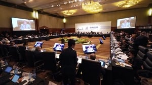 Participants attend prior to a G20 meeting in Fukuoka, Japan