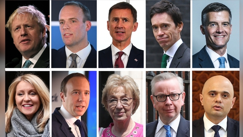 The candidates are: Boris Johnson, Jeremy Hunt, Michael Gove, Dominic Raab, Sajid Javid, Matt Hancock, Mark Harper, Esther McVey, Rory Stewart and Andrea Leadsom