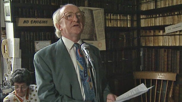 Minister for Arts and Culture Michael D Higgins speaking at the opening of the exhibition at Marsh's Library (1994)
