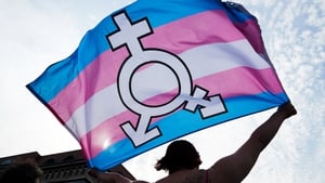 A person holds a trans and gender diverse flag during Pride festivities