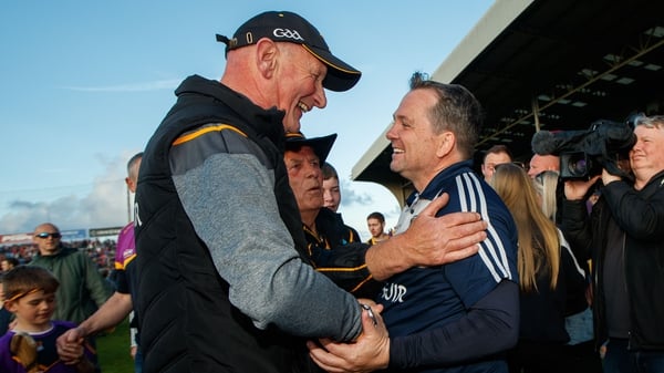 Brian Cody and Davy Fitzgerald meet after the final whistle in Wexford Park