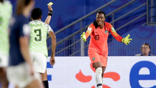 Chiamaka Nnadozie reacts after the penalty decision awarded to France