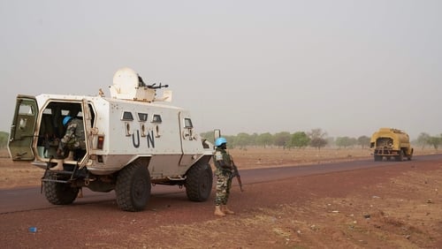 MINUSMA soldiers patrol the road between Mopti and Djenne in central Mali
